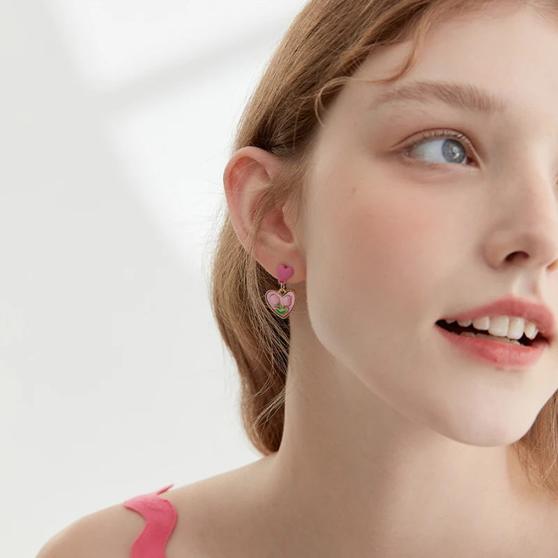 

JICAI Tulip Flower 14K Gold Earrings Female Pink Love Studs 2023 Niche Design Sense Senior Ear Accessories Earrings for Women