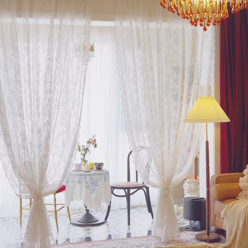 Прозрачные шторы Кружевная занавеска для кухни Вышитые белые цветы Дизайн с