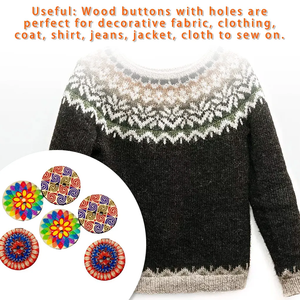 

100 шт. деревянные разноцветные винтажные пуговицы для скрапбукинга одежды, круглые пуговицы, орнамент, деревянная застежка 20 мм