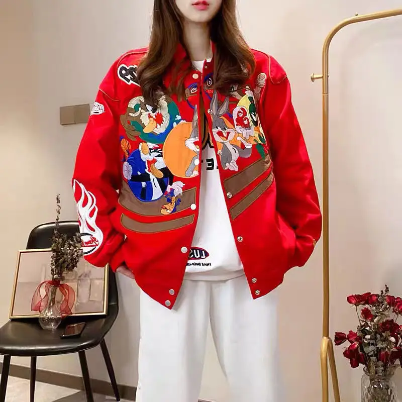 

Chinese Hip Hop Style Spring Autumn Red Jacket Coat Men and Women Cartoon Embroidery Long Sleeve Outwear Loose Baseball Uniform