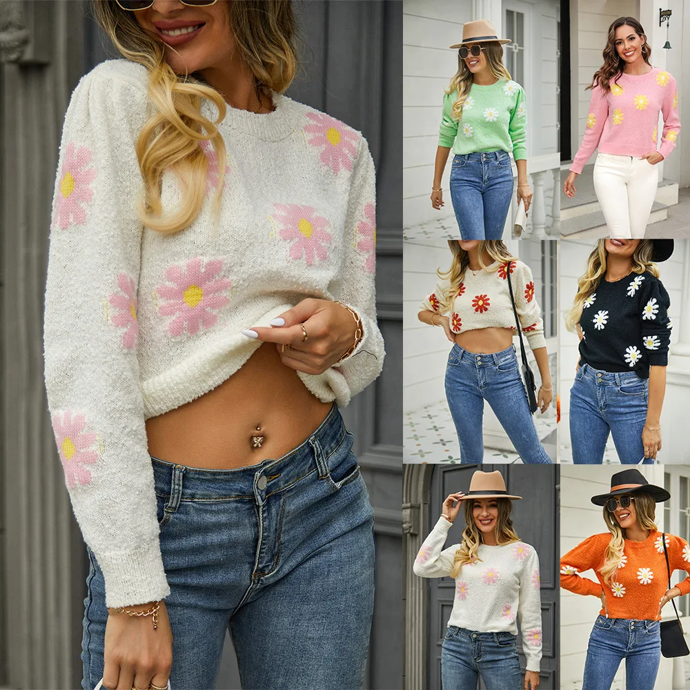 

Sweater for Women Fall/winter 2023 New Short Daisy Print Knitter Round Neck Flower Knitted Fashion Sweater Pulllover