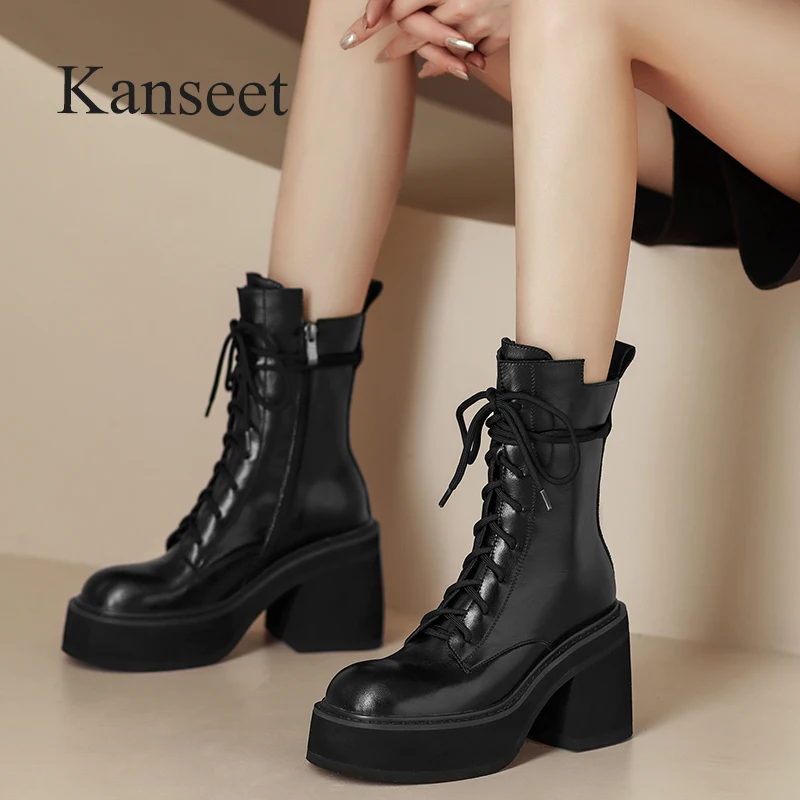 

Kanseet Fashion Mid-Calf Boots Women 2022 Winter Newest Platform Round Toe Zipper Cross-Tied Thick High Heels Female Boots Beige