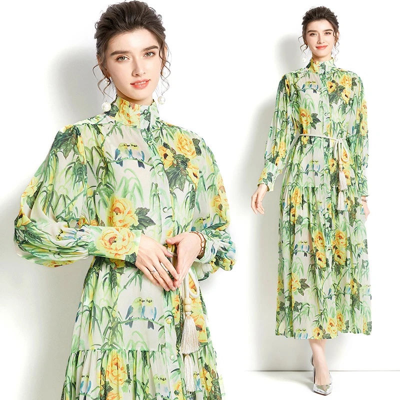 

Original design - 2022 spring collar printed wavy skirt long dress