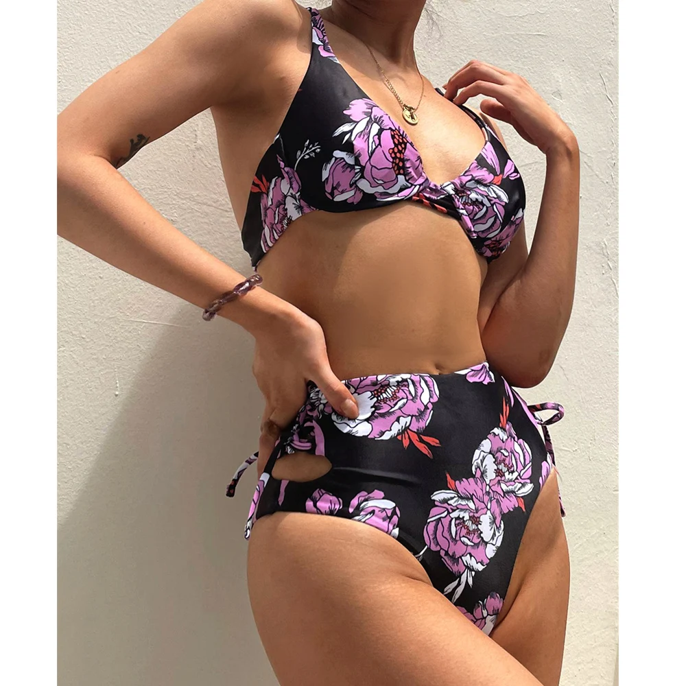 

2022 Flowe Print V Neck Swimwear Women Sexy Push Up Underwire Strapped Bikini Monokini Swimsuit High Waist Hollow Bathing Suit