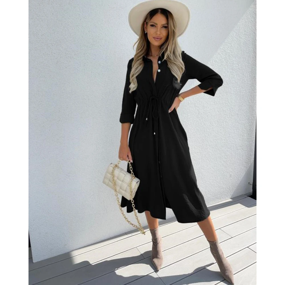 

Элегантное платье для женщин, осень 2022, модное однотонное платье с длинным рукавом и отложным воротником, рубашка, сарафан, женское платье