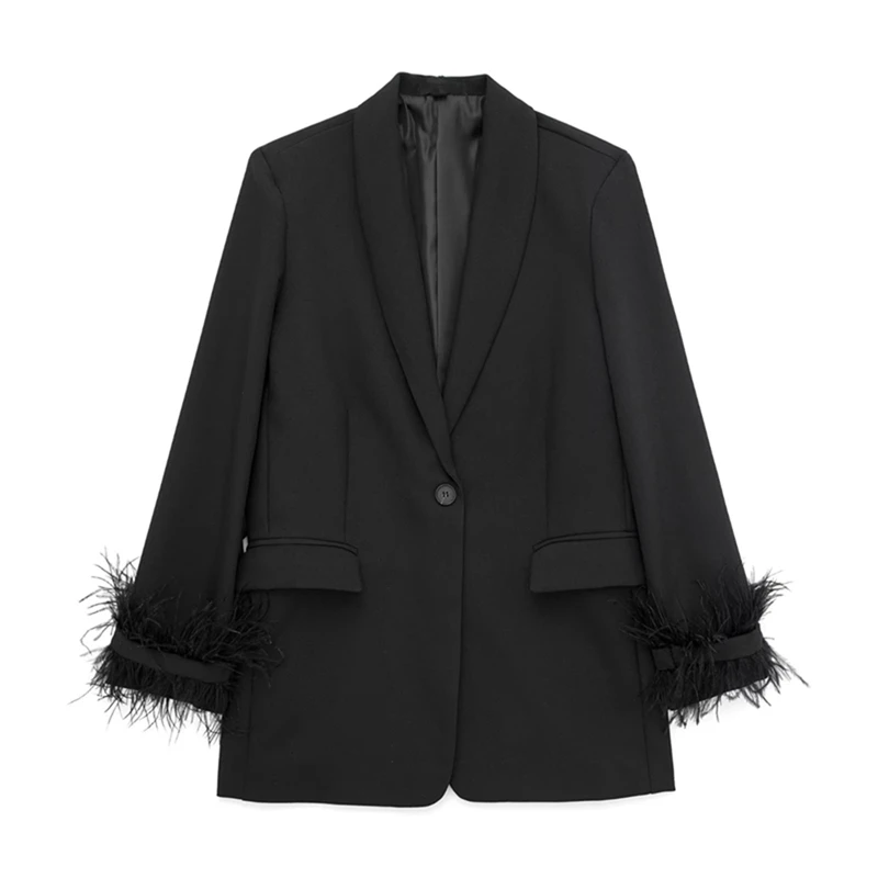 

Women's autumn and winter new loose and thin feather decoration one button black long-sleeved suit jacket