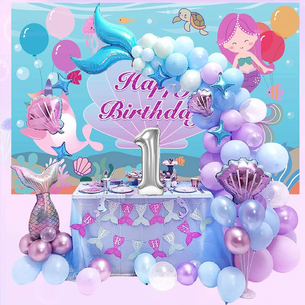 Decoración de globos de cumpleaños para niña de 1 2 3 4 5 6 7 8 y 9 años, decoración de fiesta de cumpleaños con tema de sirena para niños y niñas, arco de guirnalda de globos bajo el mar