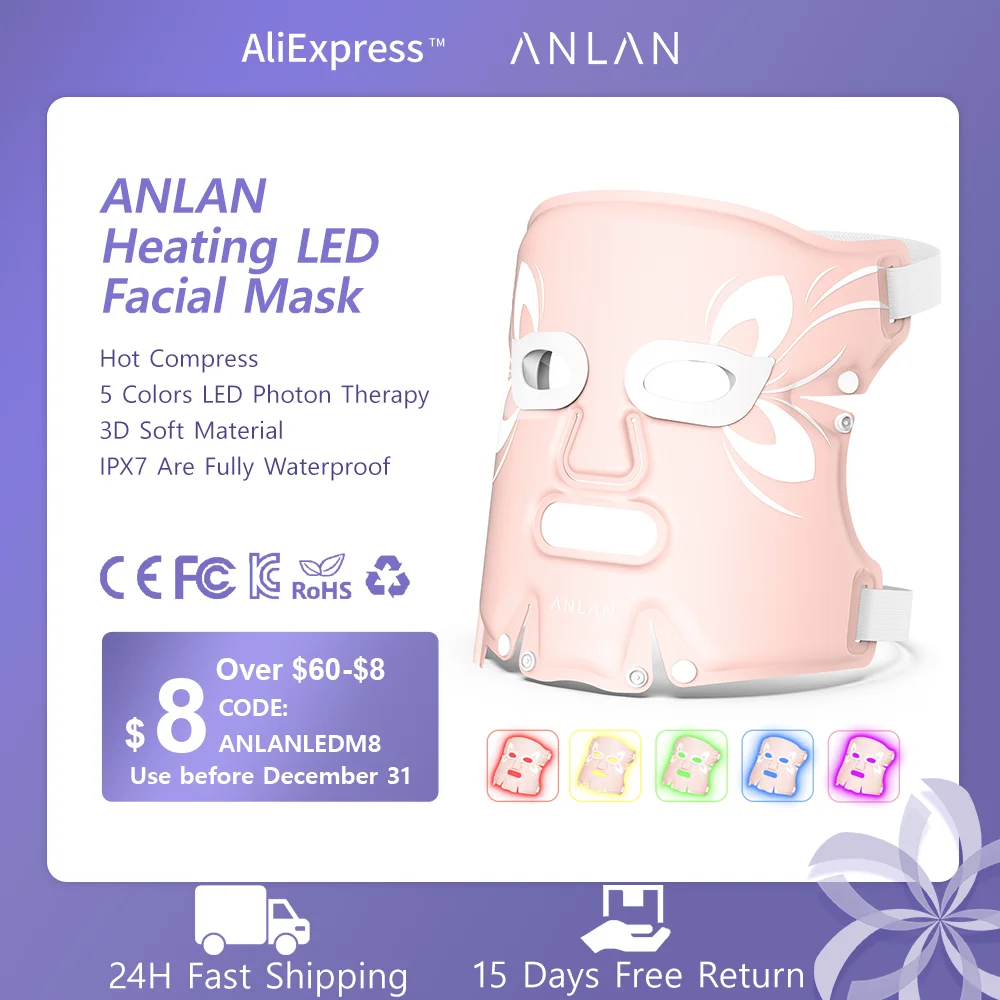 ANLAN Heating LED Facial Mask 5 Colors Light Therapy Waterproof Foldable Soft Mask Whitening Wrinkle Removal Rejuvenation Device