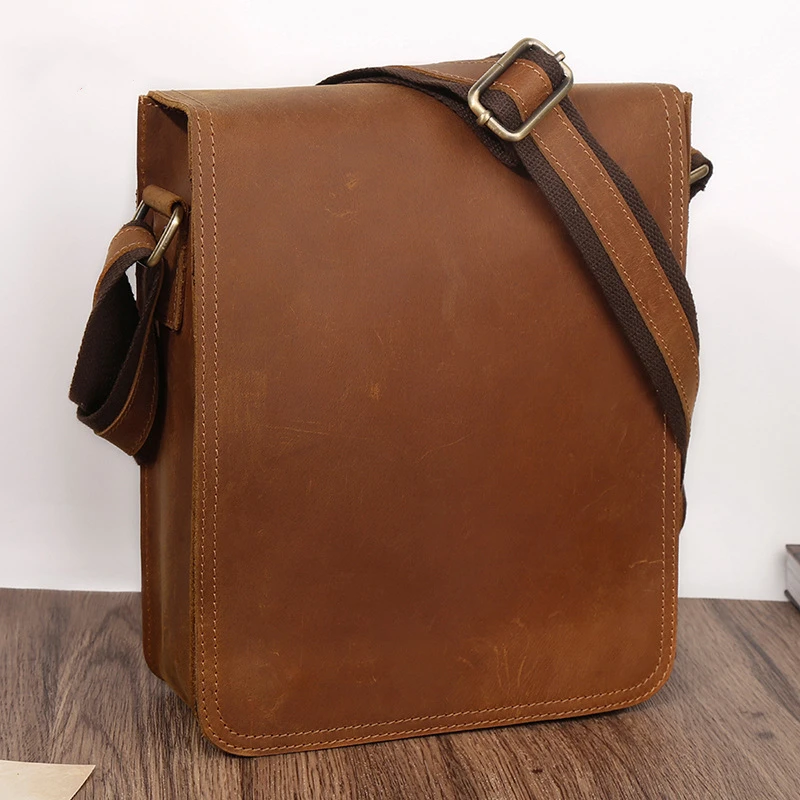 

Vintage Crazy Horse Leather Messenger Bag for Men Casual Flap Shoulder Bag Crossbody Bag for 9.7" Tablet Cowhide Handbag 6563