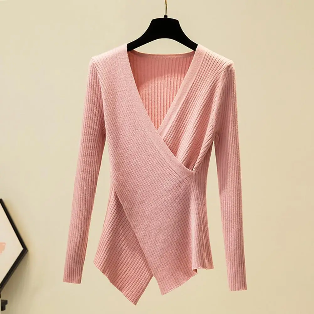 

Slim Fit V Neck Long Sleeve Ribbed Bottoming Sweater Women Autumn Winter Solid Color Cross Wrap Sweater Jumper sweater women