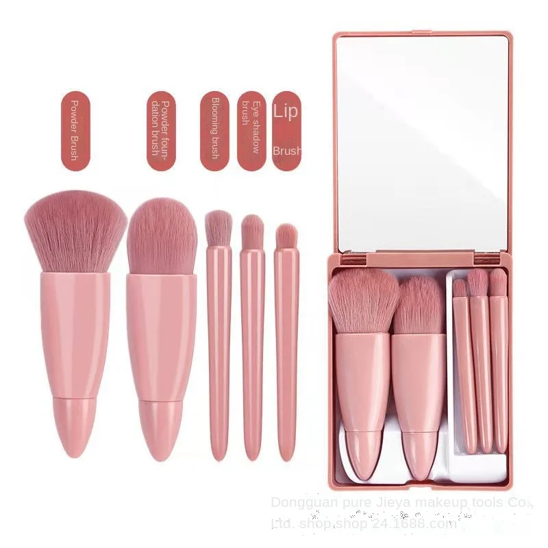 

5pcs Mini Travel Makeup Brush Set Portable Storage Box with Mirror Giant Soft Loose Powder Blush Eye Shadow Cosmetic Brushes