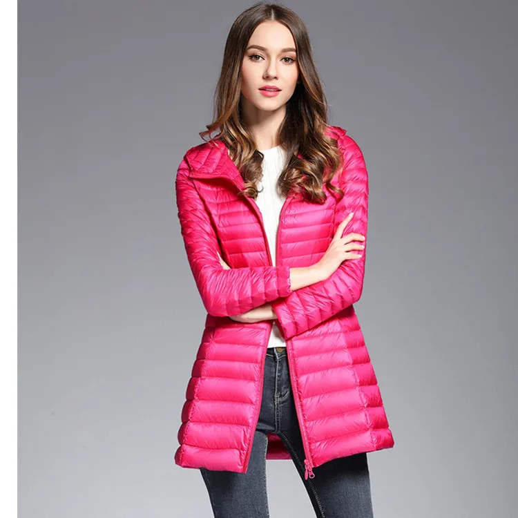 Women's Long Down Jacket Autumn Winter Fashion Light Midi Long Hooded White Duck Down Jacket Korean Style Windbreaker Down Coats