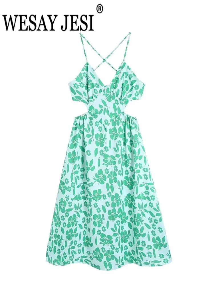 

WESAY JESI летнее платье средней длины на бретельках Топ с перекрестным принтом модное без рукавов с открытой талией сзади тонкий сексуальный п...