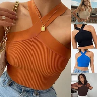 vest crop top women halter tops cross strappy sexy tank topsfemale knitted off shoulder crop tops for women 2022 summer sports