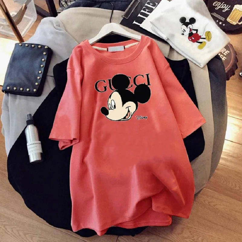 

Disney Mickey Minnie T-shirt Women's Mid-length Loose Large Size Fashion Short-sleeved Design Cartoon Round Neck Trendy Top