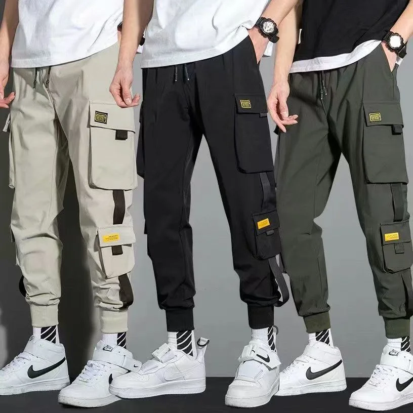 

Tin Streetwear Casual Pants Men Ribbons arem Join Pants Male Slim Fit Sprin Caro Pants Multi-Pockets Women Trouser Jx1