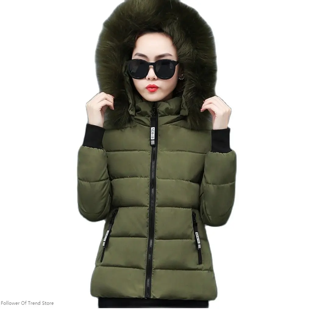 army green Women Parkas Winter Jacket Fur Collar Hooded Cotton Warm Coat Female Thick Parka Cotton Padded top short Outwear