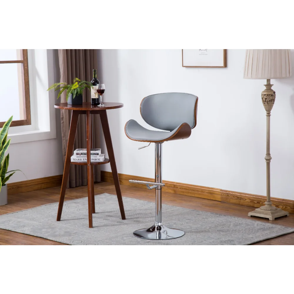 

Modern Contemporary Swivel Walnut Bentwood Lift Adjustable Height Bar Stool with Curved Seat and Back (Gray)