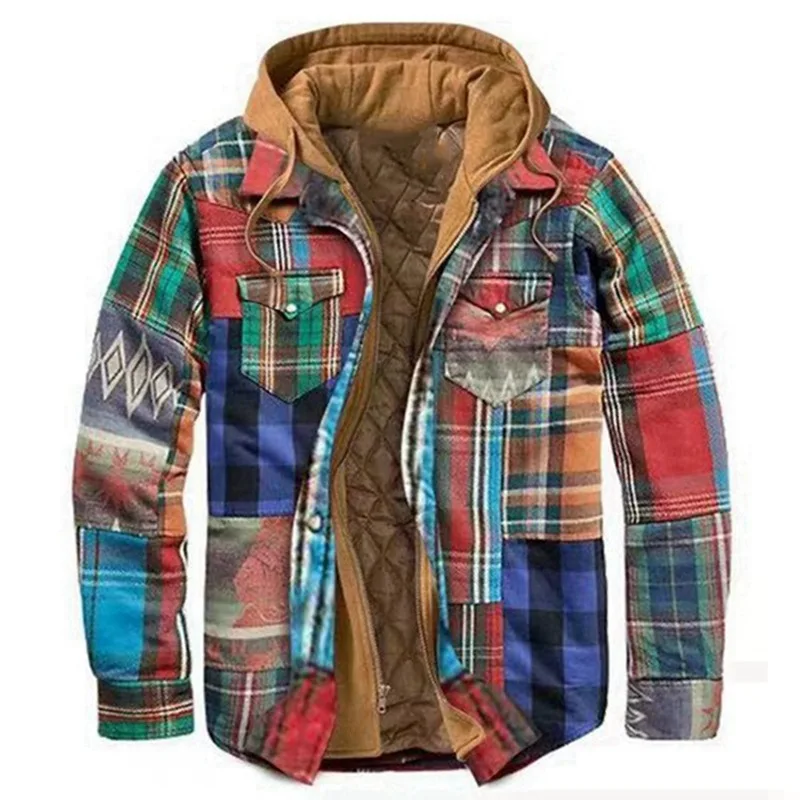 Explosive Men's Clothing European American Autumn and Winter Models Thick Cotton Plaid Long-sleeved Loose Hooded Jacket