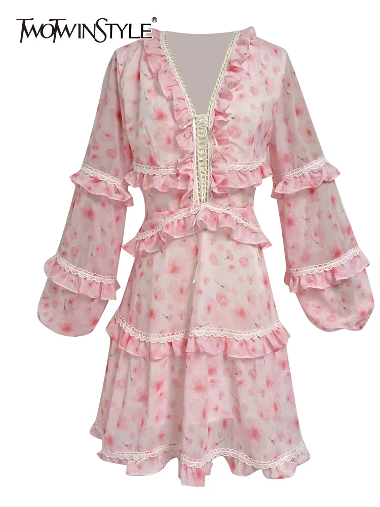 

TWOTWINSTYLE Elegant Spliced Ruffles Dresses For Women V Neck Lantern Sleeve High Waist Temperament Dress Female Clothing New