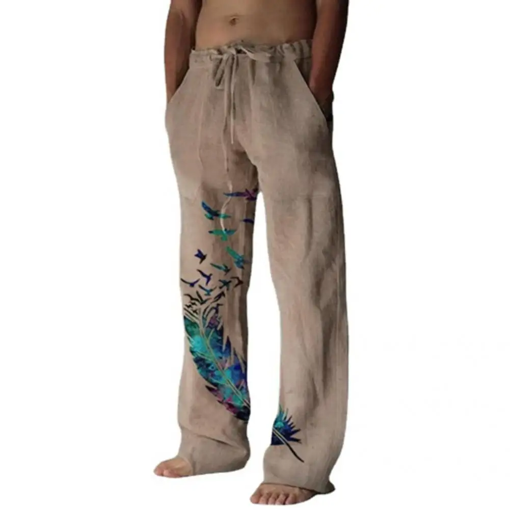 

Long Pants Feather Print Men Soft Loose Bird Pattern Straight Trousers Vintage Pants for Party