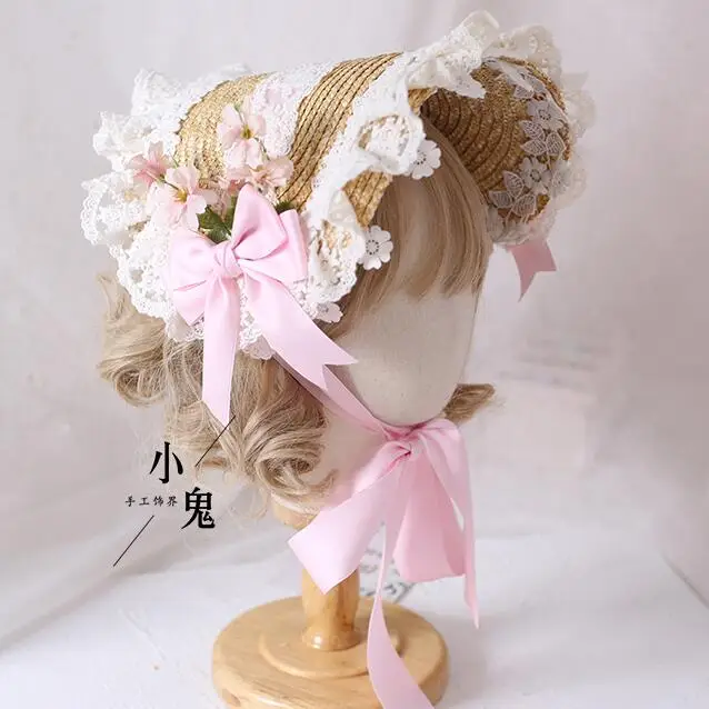 

Lolita Maid Straw Hat Lace Butterfly Flower Strawberry Bonnet Cap Girls Young