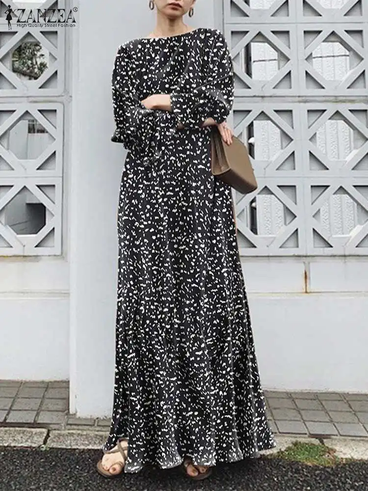 

Women Fashion Printed Dress Oversized Casual O Neck Maxi Long Cocktail Robe Longue 2022 ZANZEA Autumn Long Sleeve Party Dresses
