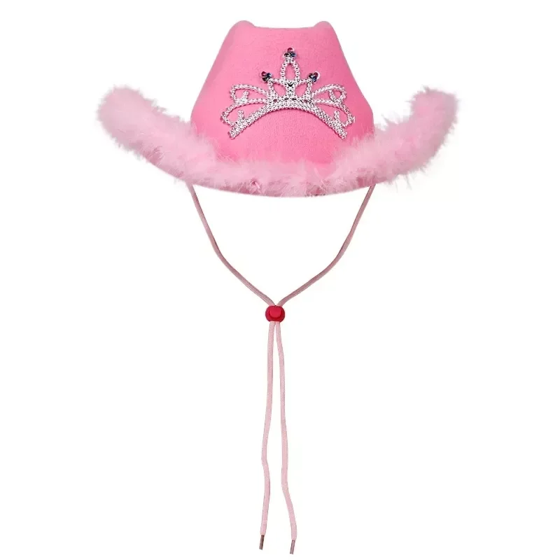 New in Style Cowboy Hat Pink Women Girls Birthday Party Caps with Feather Sequin Decoration Crown Tiara Night Club Cowgirl Hats