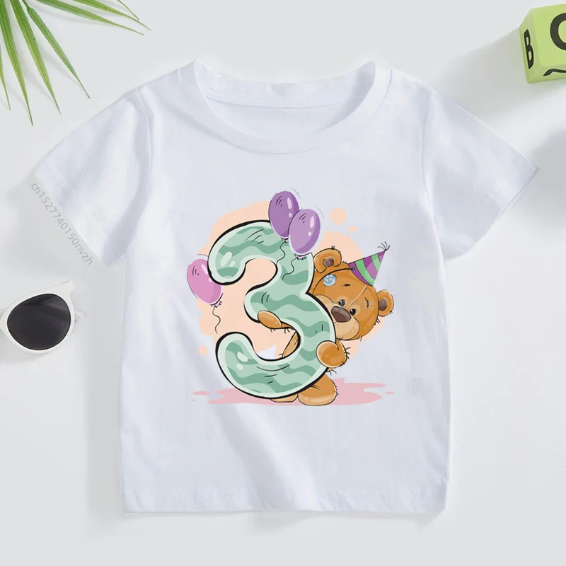 

Boy Girl Birthday Bear Number 12 3 4 8 9 Bow Print T shirts Baby cute Cartoon Funny Round Neck Girls T-shirt Best Birthday Gift