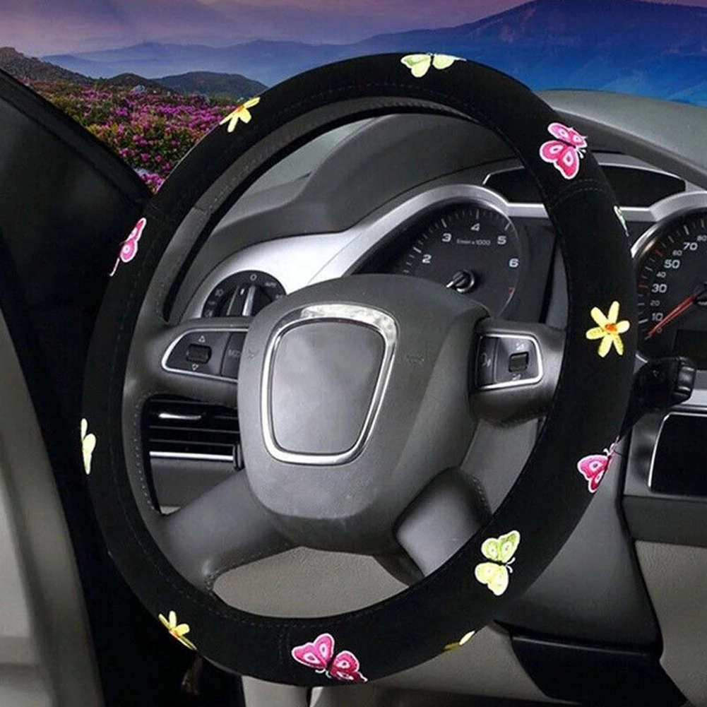 

Cute Embroidery Car Steering Wheel Cover Butterfly Steering Cover Trim Decoration Anti Slip Dustproof Universal Accessories