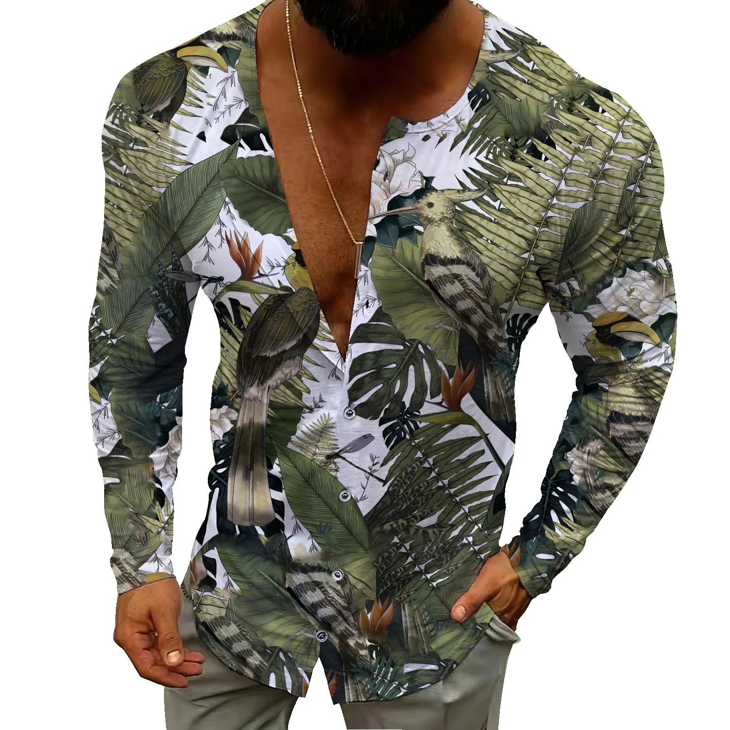 

2022 autumn men's casual shirt long sleeve t-shirt long sleeve T-shirt men's green plant floral print bottoming shirt