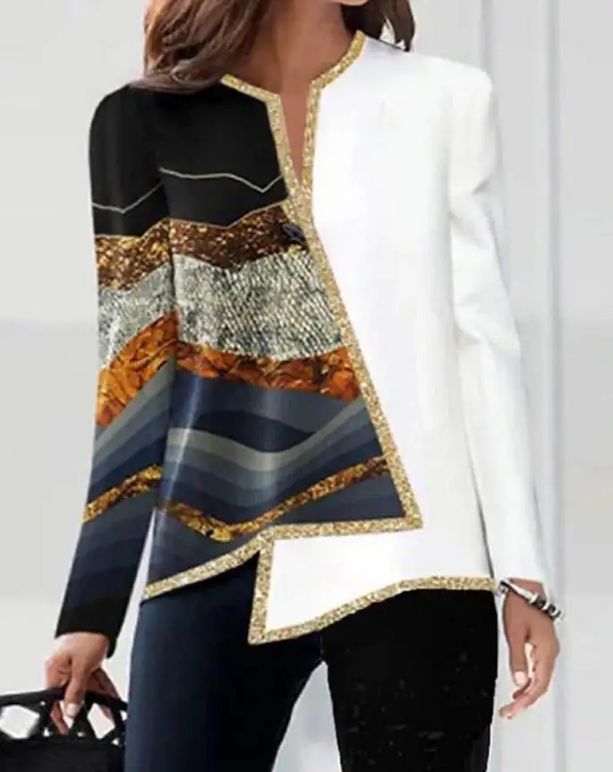 

Fashion Woman Blouses 2022 Autumn Colorblock Abstract Print Asymmetrical Hem Casual V-Cut Long Sleeve Daily T-Shirt Top