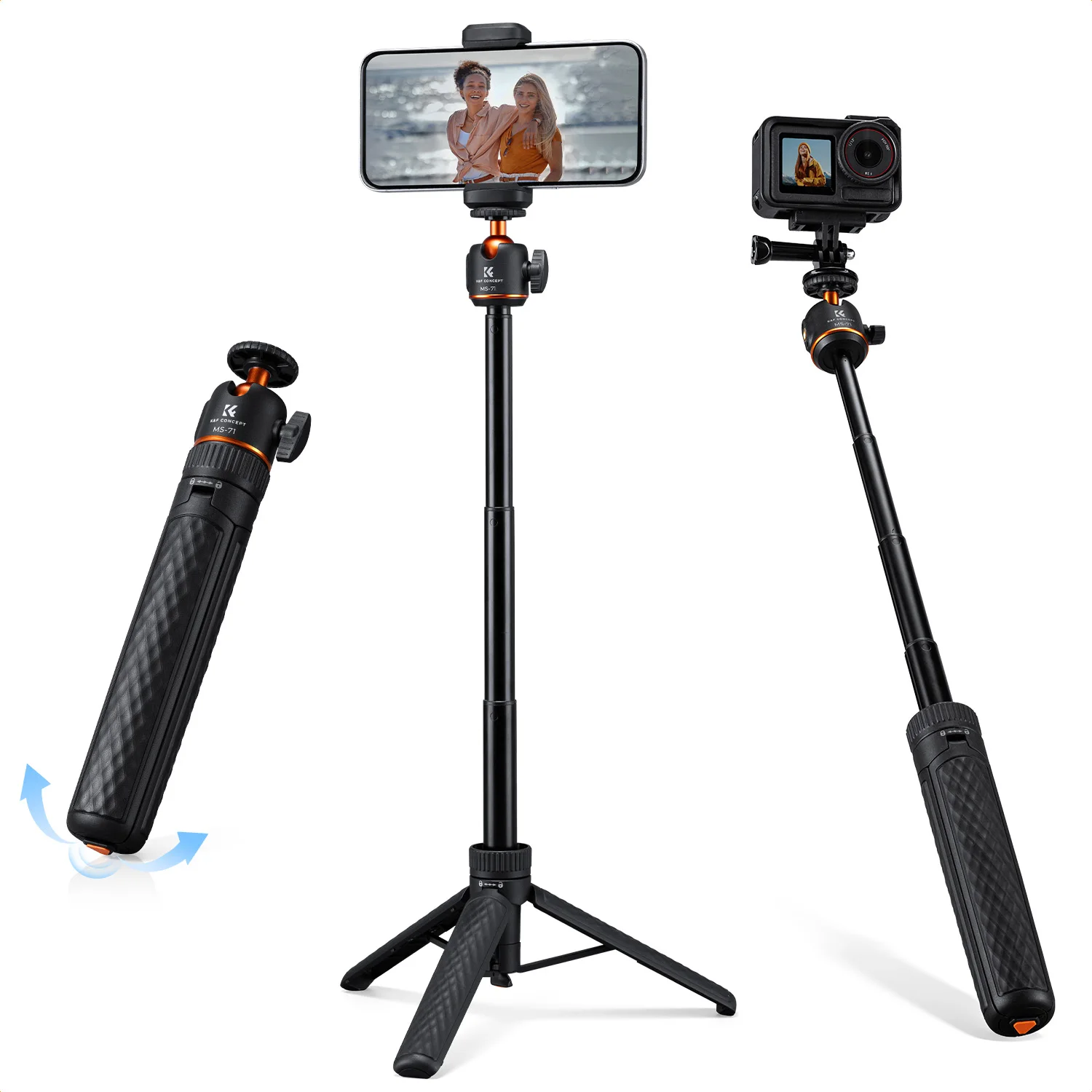 Фото Штатив K&F Concept MS-71 25,6 дюйма с функцией быстрого раскладывания для Insta360 x5, DJI Pocket 3 и Action 6 №1
