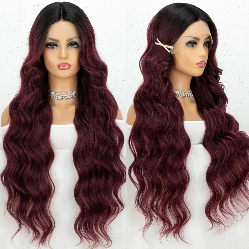 

Burgundy Lace Front Wig Wine Red Long Wavy Lace Wigs for Black Women K'ryssma T Part Synthetic Heat Resistant Afro Hair Wigs
