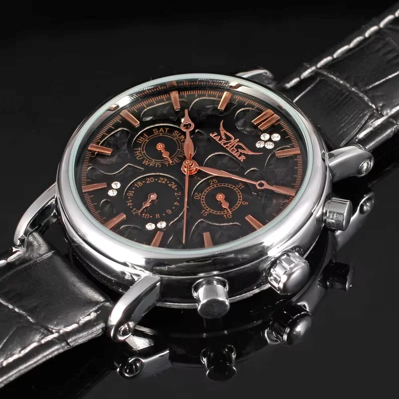Фото JARAGAR Мужские и женские часы Механические часы с шкалой Peg Круглые часы Day and Date Черные механические часы №3
