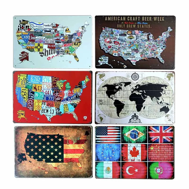 

United States Map Sign National Flag Metal Plaque Vintage World Map Poster Cafe Decoration Pub Retro Wall Decorative 20x30cm
