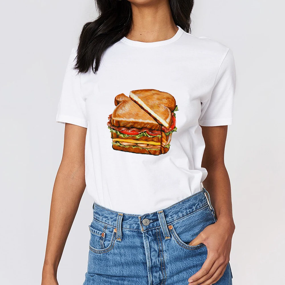 

Sandwich Print Design Cute Funny T-Shirt 2022 New Refreshing Simple Summer Street Tops Fashion Young Casual Comfy Home Clothes