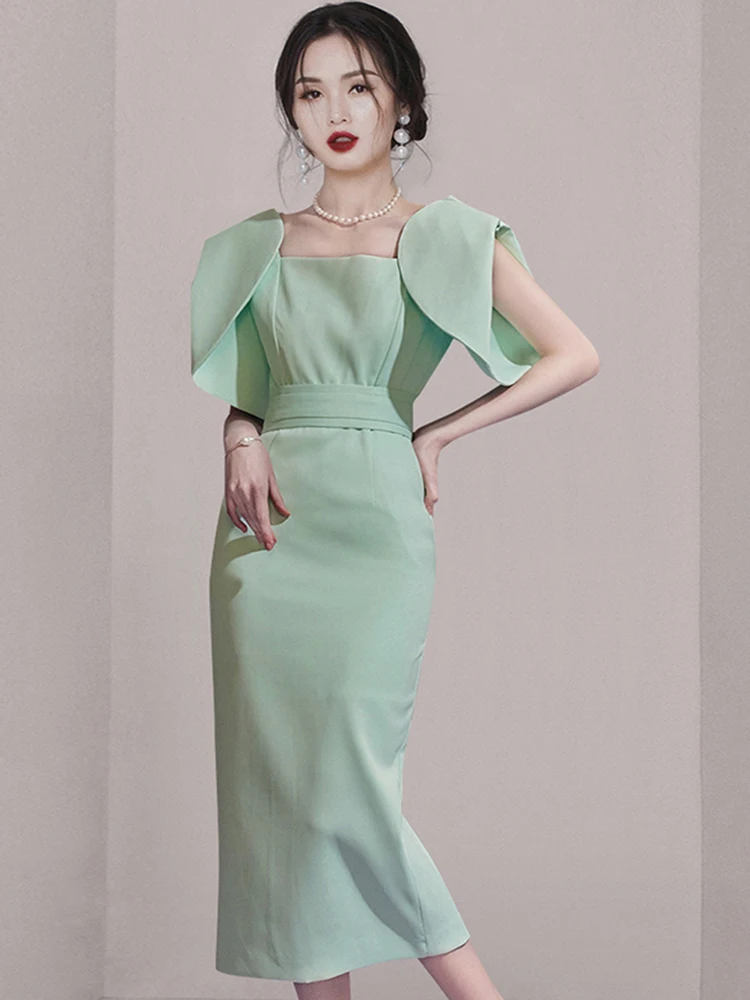 

Женское облегающее платье до середины икры, элегантное зеленое офисное платье во французском стиле, лето 2023