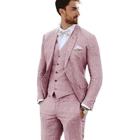 male suit groom tuxedos linen party business casual suit notched lapel 3 piece blazer vest pantsslim fit costume homme
