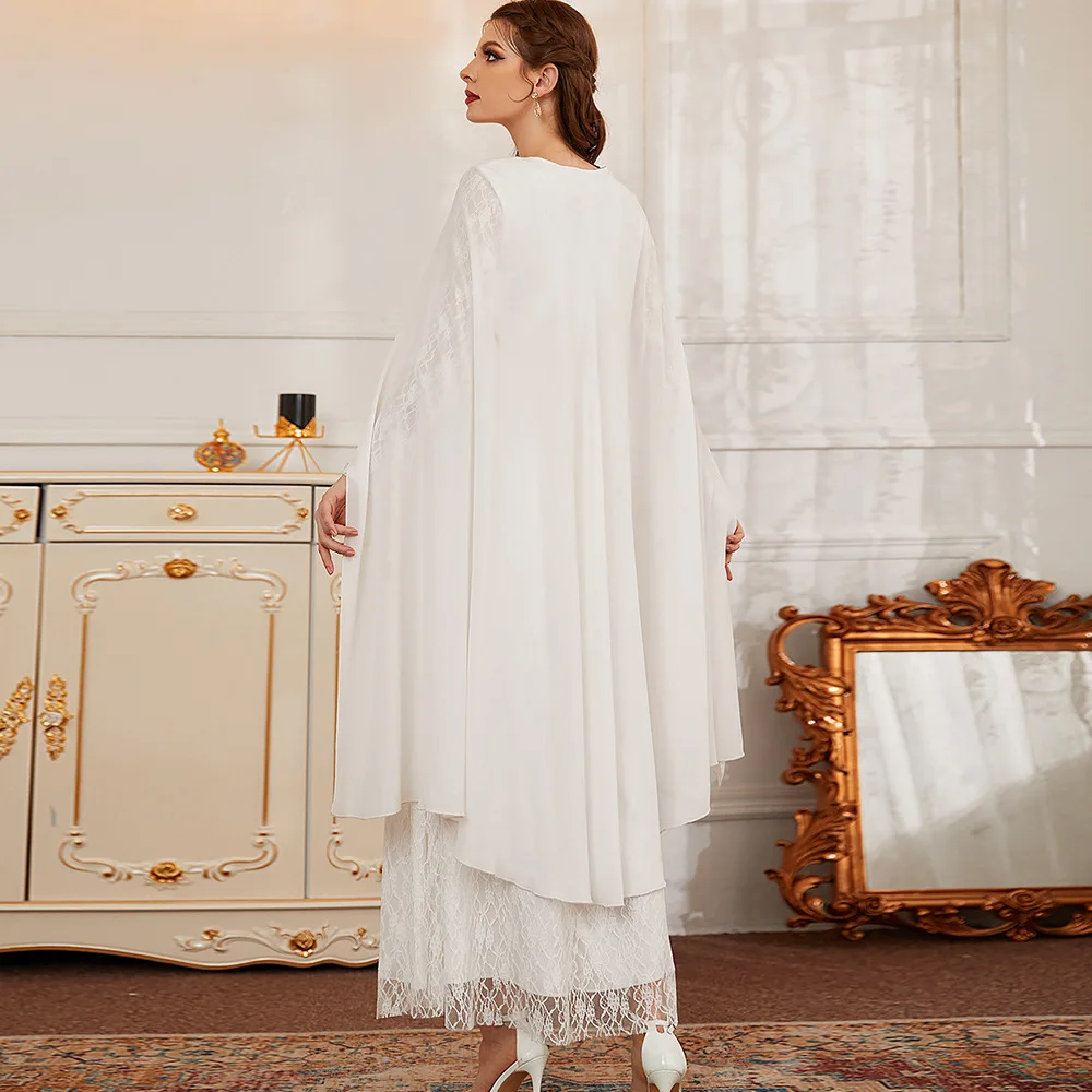 White Lace Cape Dress Women Muslim Abaya Dubai Kaftan Islamic Clothing  Evening Party Gown Caftan Marocain Djellaba Eid Ramadan