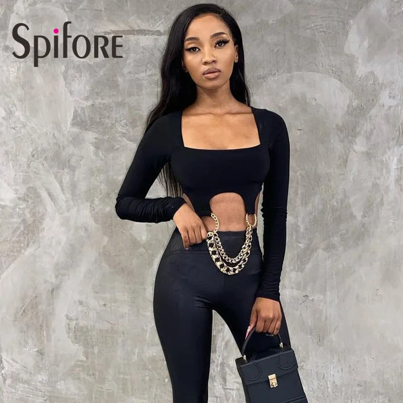 

Spifore Chic Metal Chain Sexy Tees Black Square Collar Long Sleeve Sheath Women Crop Top Fall Casual Female T-Shirts Spring
