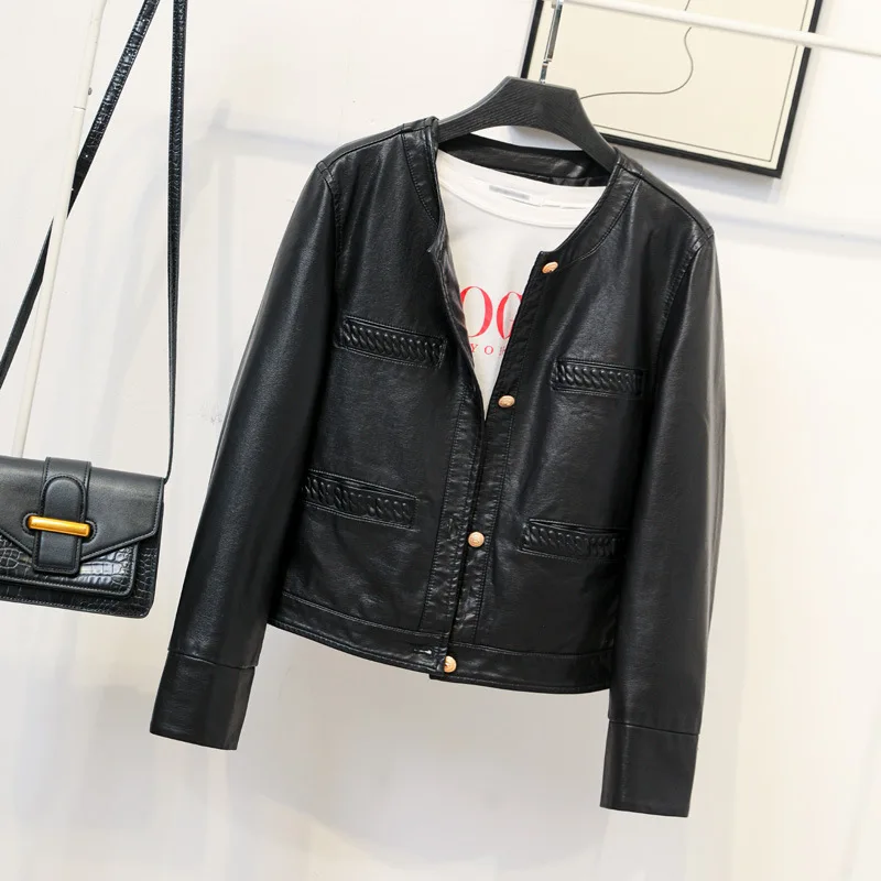 2023 new women's single breasted round neck leather jacket motorcycle short leather jacket small coat