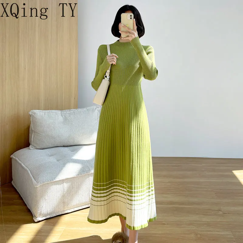 

Осенне-зимняя женская одежда, платье-свитер до колена, Модное теплое универсальное вязаное женское платье с коротким воротником