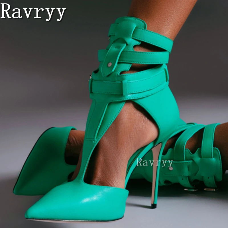Green T Strap Sandals Thin Heel Sexy Pointed Toe Pumps 2023 Fashion Dress Shoes Multi-Buckle Cut Out Women Stiletto