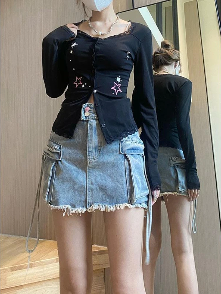 Harajuku Grunge Bottoming Lace Patchwork Tops Y2k Aesthetic Vintage Single Breasted Tees Streetwear Star Printing Tshirts Women
