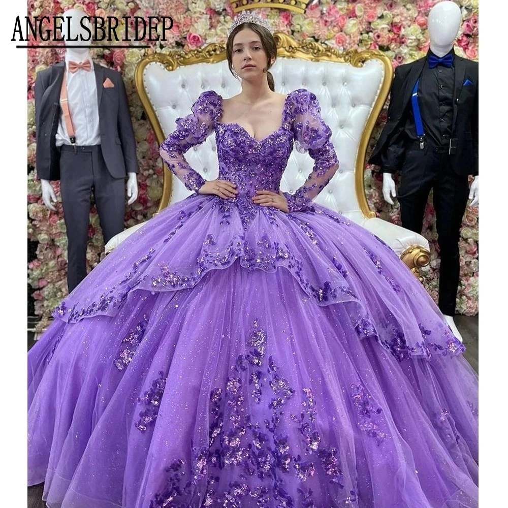 ANGELSBRIDEP блестящие платья с бисером и длинными рукавами 15 лет блестящее Тюлевое
