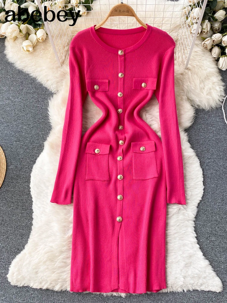 

Solid Women Knitted Pencil Dress Korean Long Sleeve Elastic Slim Dress Autumn Winter Sexy Bodycon Warm Sweater Dress