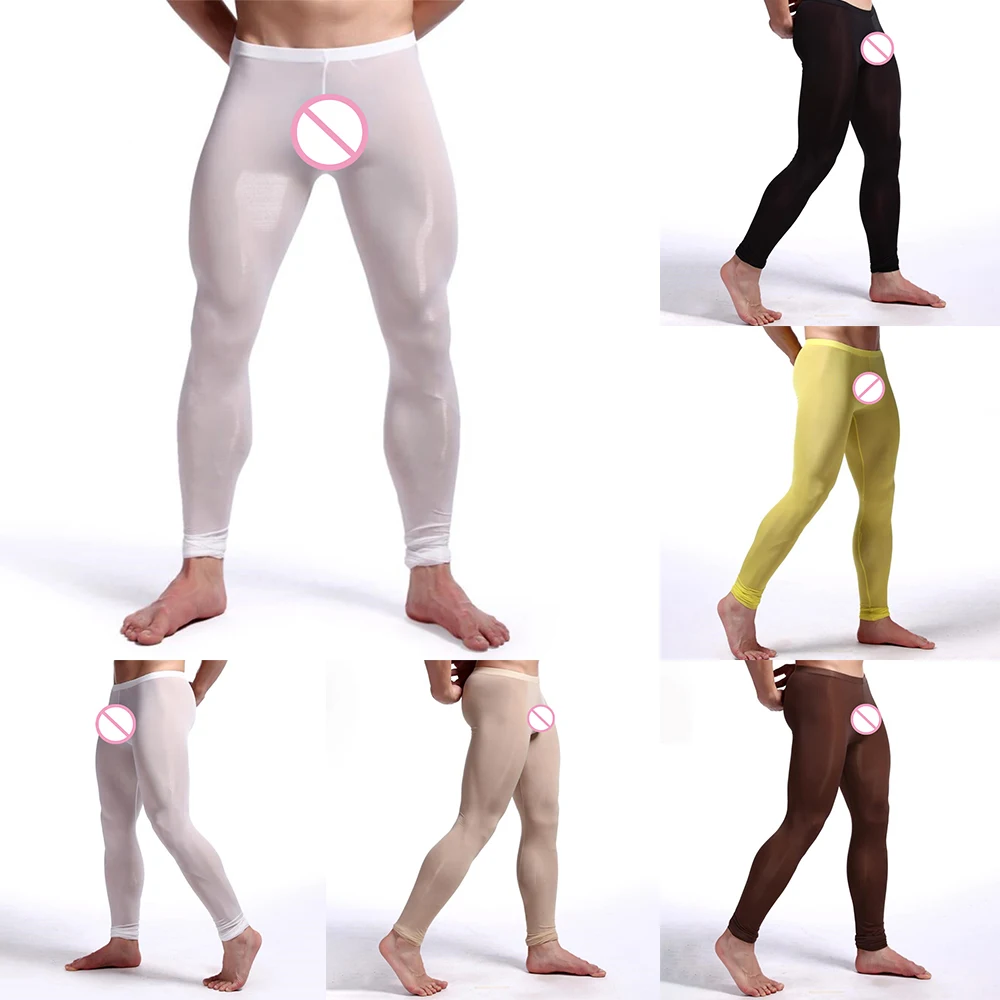 

Men Sexy Sheer Long John Underwear Pants Exposed JJ Tight Leggings Skinny Yoga Thermal Legging Ice Silk Elastic Male Trousers
