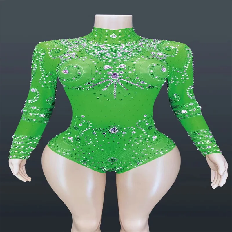 

Q343 Colorful Bodysuit Full Crystals Long Sleeve Indoor Music Festival Pole-Dancer Elastic Stretched Perform Nightclub Ballroom