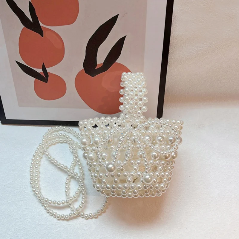 

Kids Mini Bucket Tote Cute Pearl Crossbody Bags for Baby Girls Handmade Woven Coin Pouch Box Toddler Purse Hand Bags